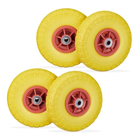 Relaxdays 8 x Sackkarrenrad, pannensichere Vollgummireifen, 4.1/3.5-4", 16 mm Achse, bis 150 kg, H x D: 26 x 8,5 cm, gelb/rot