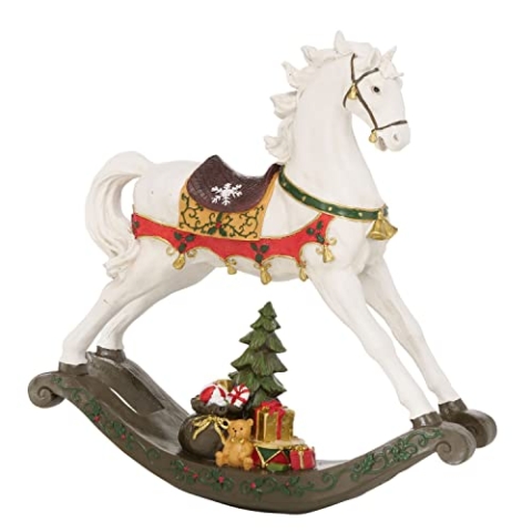 BOLTZE Schaukelpferd Figur Mossy I Höhe 46 cm I nostalgische Deko für Weihnachten, Adventszeit I weißes Pferd mit buntem winterlichen Dekor I Accessoire zum Hinstellen