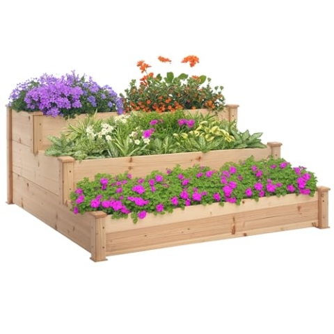 Outsunny Hochbeet 3-stufige Gartenbeet Pflanzenbeet Kräuterbeet Blumentreppe für Balkon Garten Natur Tannenholz 124 x 124 x 56 cm