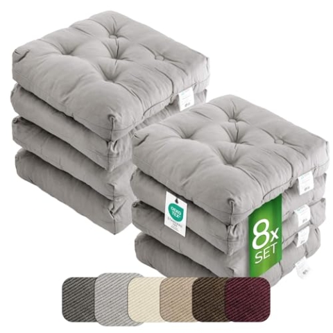 etérea Sitzkissen 42x42 cm 8er Set - Grau 8 cm hoch - Bodenkissen für Indoor, Outdoor, Küche, Garten, Auflage - Heidi Stuhlauflage - 8 Stück Stuhlkissen 40x40 cm Grau