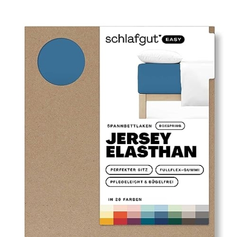 Schlafgut Easy Jersey Elasthan Boxspring Spannbettlaken 180x200 bis 200x220 Blue Mid, Spannbetttuch aus superweicher Baumwolle mit Elasthan