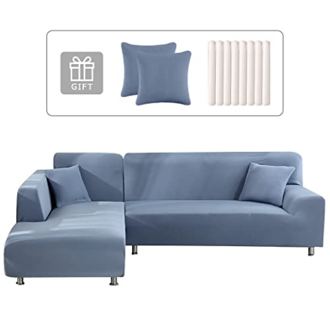 Lydevo Sofabezug Ecksofa L Form Sofa Überwürfe Stretch Sofabezug L Form Rechts oder Links mit Zwei Kissenbezügen Waschbar Universal-Couchbezug L Form Sofa Cover L Shape(2 Sitzer+2 Sitzer,Blau Grau)