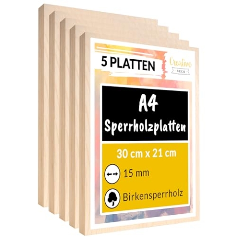 Creative Deco 5 x A4 Sperrholzplatte 15mm | 300 x 210 (+/- 2) mm | Birkensperrholz Dünne Holz-Zuschnitte | Perfektes Blatt für Laubsäge, Brandmalerei, Laserschnitt, CNC Router