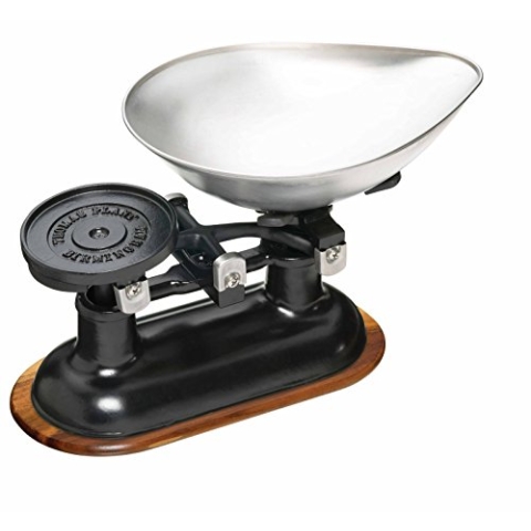 Living Nostalgia Mechanische Küchenwaage mit Schale und Gewichten in Geschenkbox, Gusseisen mit Ständer aus Akazienholz