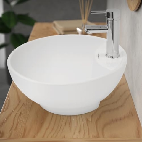 ECD Germany Design Waschbecken Waschtisch Ø 455 x 185 mm aus Keramik Rund Weiß - Aufsatzbecken Aufsatzwaschbecken Handwaschbecken Aufsatzwaschtisch Spülbecken Wasserfall Waschschale Waschschüssel