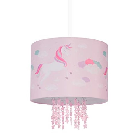 Relaxdays Hängelampe Kinderzimmer, Lampenschirm mit Einhorn-Motiv, HxD: 158 x 35 cm, E27, Pendelleuchte für Kinder, rosa