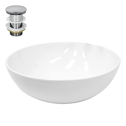 ECD Germany Waschbecken Waschtisch Ø 400 x 147 mm Keramik Rund Weiß inkl. Ablaufgarnitur für Waschbecken ohne Überlauf Aufsatzbecken Aufsatzwaschbecken Aufsatzwaschtisch Waschschale Spülbecken Becken