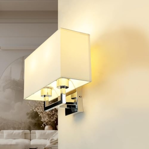 Licht-Erlebnisse Wandlampe Schlafzimmer Bett, Stoff, Stahl, in Chrom, Natur, Nachttischlampe Wand, Wandleuchte E27, blendarm, wohnlich, B:35,5 cm, Hotel, Moderne Wandlampe