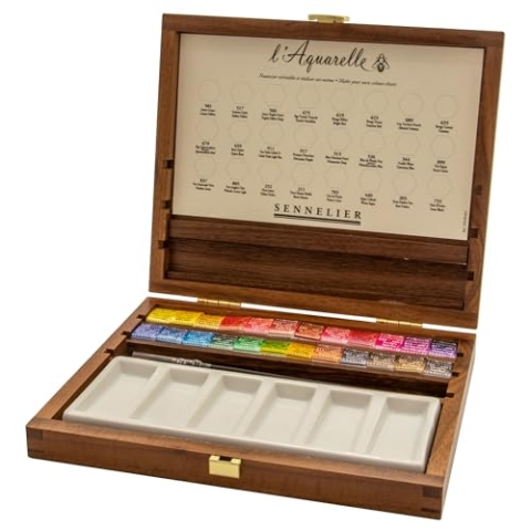Sennelier L'Aquarelle Wood Watercolor Half Pan Set, 24 Half Pans, Porcelain Palette, Brushes Size 2 and 3 (10-131614-00)