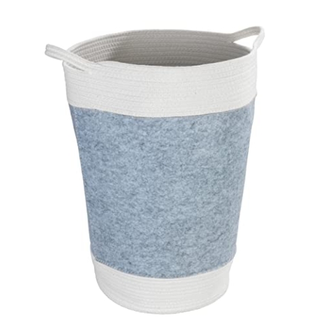 WENKO Filz Wäschesammler Bea, Wäschekorb mit Zwei Griffen und 75 L Volumen, aus hellgrauem recyceltem Polyesterfilz abgesetzt mit weißem Flechtdesign, Verwahrung von Schmutzwäsche, Ø 38 x 55 cm