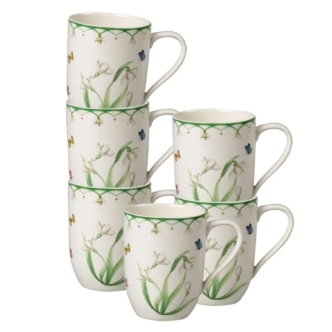 Villeroy & Boch Colourful Spring Becher mit Henkel 6er Set, 340 ml, Kaffeebecher mit Schmetterling- und Blumen-Dekor, Premium Porzellan, Weiß/Bunt