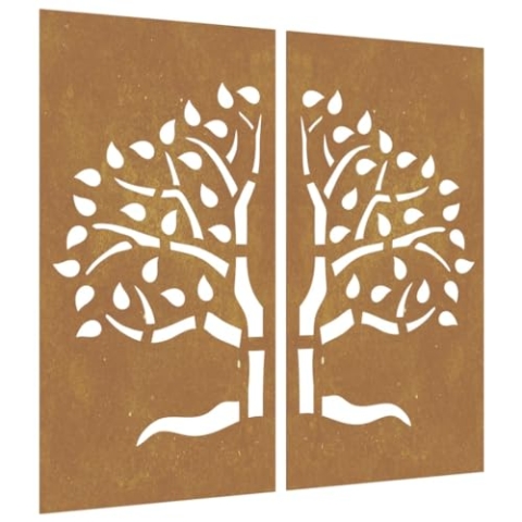 vidaXL Garten Wanddeko 2-TLG., Gartendeko mit Baum-Design, Wandbild Wandschmuck Wetterfest, Wandkunst Dekoration Wanddekoration, Cortenstahl