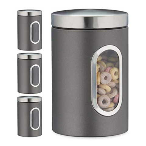Relaxdays 4 x Vorratsdose, 1,4 L, mit Deckel und Sichtfenster, für Kaffee, Mehl, Pasta, Aufbewahrungsdose Küche, Metall, grau