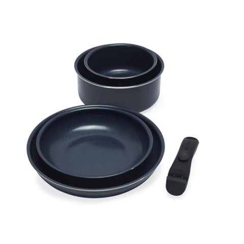 Russell Hobbs Kochtopf Set 5-teilig, Töpfe und Pfannen Kochgeschirr mit Keramikbeschichtung, Smart Clip Abnehmbarer Griff, Stapelbares Induktion Set, PFAS-frei, Marineblau