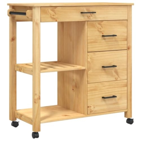 vidaXL Küchenwagen, Servierwagen mit viel Stauraum, Beistellwagen für Küche Wohnzimmer Badezimmer, Trolley Küche Küchenregal Gemüsewagen, Massivholz Kiefer
