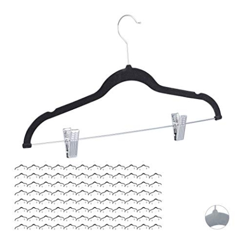 Relaxdays 96 x Samtbügel mit Clips, 360° drehbarer Haken, Hosenbügel, rutschfeste Hemdenbügel, 43 cm breit, Clipbügel, schwarz