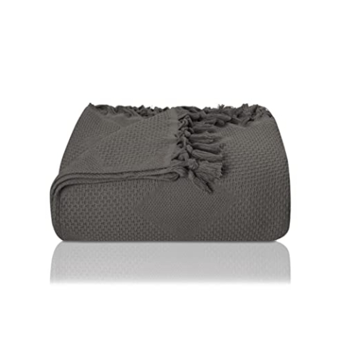 LAYNENBURG Premium Tagesdecke mit handgeknüpften Fransen - 100% Baumwolle - 200 x 220 cm XXL - Waffelpique Sommerdecke - Baumwolldecke als Bett-Überwurf, Couch-Überwurf & Sofa-Decke (Anthrazit)