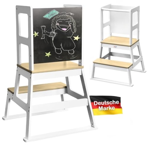 Baby Vivo Lernturm aus Holz - Tower Küche Kindermöbel Learning Tower - Schemel Lerntower für Kinder ab dem Stehalter - Tritthocker mit Tafel Montessori Küchenhelfer Lernstuhl in Weiß