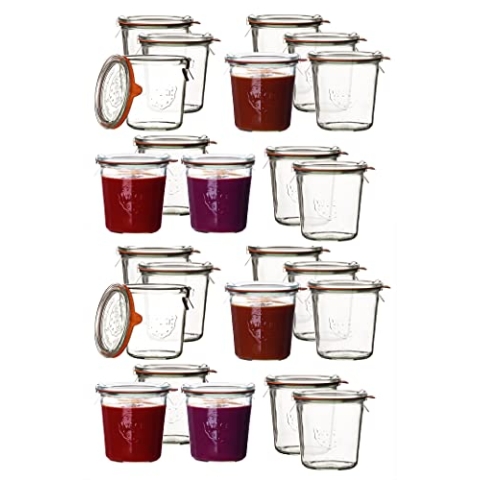 Weck 24er Set Sturzgläser RR 100-500ml - Einweckgläser rund mit Deckel, Klammern & Einkochring für eine luftdichte Konservierung - Rundrandglas Einmachglas