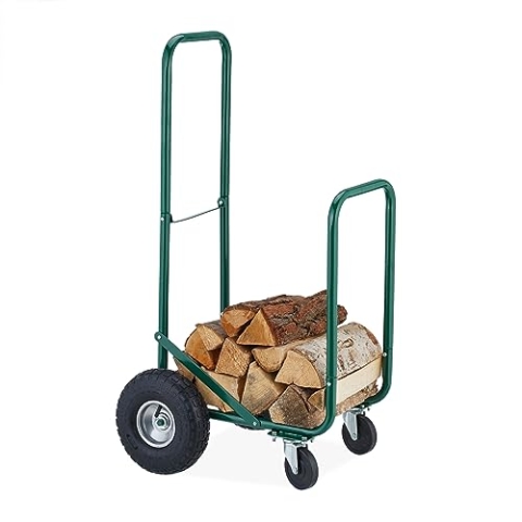 Relaxdays Kaminholzwagen mit Luftreifen, 360° Rollen, Holzwagen bis 60 kg, für 33 cm Scheite, Brennholz-Sackkarre, grün, Stahl, 108 x 52 x 56 cm