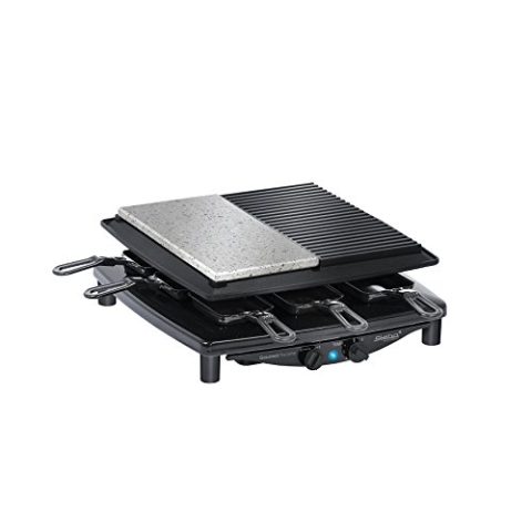 Steba Made in Germany Raclette, Antihaft-Druckguss-Grillplatte, Natursteingrillplatte, 8 emaillierte Pfännchen, Grillfläche insgesamt 29 x 29 cm, RC 4 Plus Deluxe