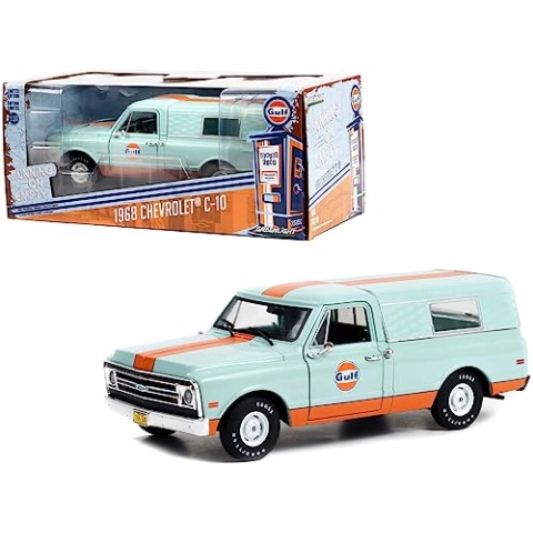 Greenlight 1968 Chevrolet C-10 Pickup Truck Hellblau mit orangefarbenen Streifen mit Camper Shell Golf Öl läuft auf leer Serie 5 1/24 Druckguss-Modellauto