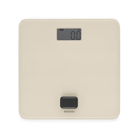 Brabantia - ReNew Badezimmerwaage - Batteriefrei - Waage Wiegt bis zu 150 kg - Genaues System - Rutschfeste Schutzkappen - LED-Anzeige - Glasoberfläche - Soft Beige - 30 x 30 cm