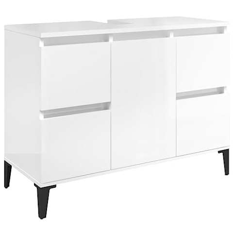 vidaXL Waschbeckenunterschrank, Badschrank mit 4 Schubladen 1 Fach, Waschtisch Unterschrank mit Metallfüßen Tür, Schrank Badunterschrank Badmöbel, Hochglanz-Weiß Holzwerkstoff