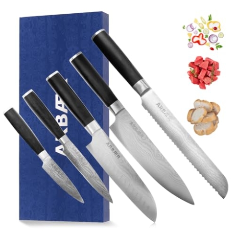 Arbaer Messerset 5-teilig – Kochmesser, Santoku, Universalmesser, Brotmesser, Schälmesser – Japanischen Damastdruck auf der Klinge – Pakka-Holzgriff – in Geschenkbox