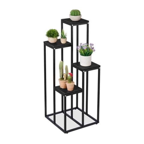 Relaxdays, schwarz Blumentreppe, 4 Ablagen, HxBxT: 100 x 40 x 40 cm, platzsparend, Stahl und MDF, Design Blumenetagere
