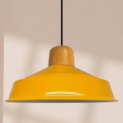 bamyum Asletl Pendelleuchte Esstisch Holz Ø41 cm, Hängelampe Esstisch, Hängelampe Industrial Vintage, Küchenlampe Hängend Vintage, Wohnzimmerlampe Pendelleuchte Dunkelgelb Metall Küchenlampe Hängend