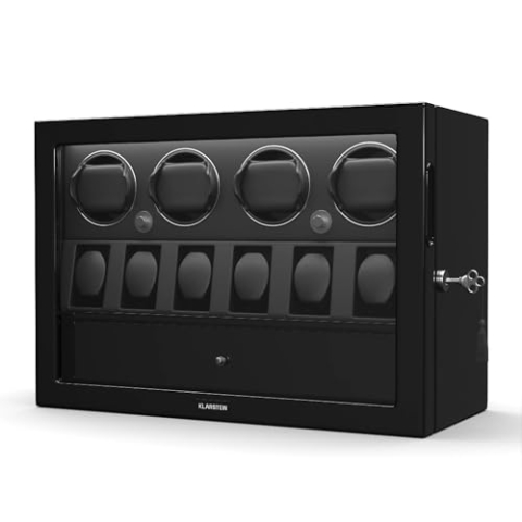 Klarstein ChronoVault Uhrenbeweger für 10 Uhren – Automatik-Uhrenbeweger mit Leisem Japanischem Motor, Veganes Leder, 4 Rotationsmodi & 3 Richtungen, LED-Beleuchtung & Schmuckschublade