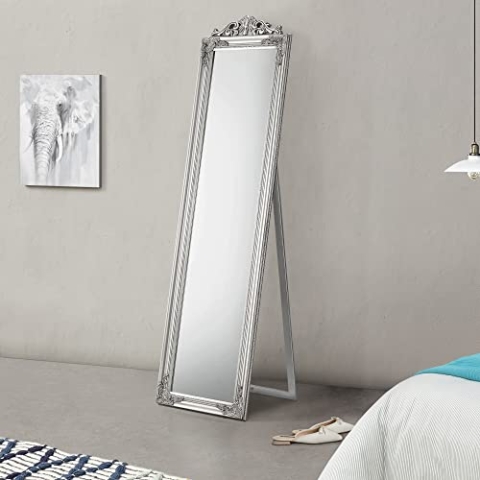 [en.casa] Ganzkörperspiegel Arezzo Standspiegel mit Rahmen aus Eukalyptusholz 140 x 29 cm neigbar Bodenspiegel zum Aufstellen Schlafzimmer Barock-Stil Flurspiegel Silber