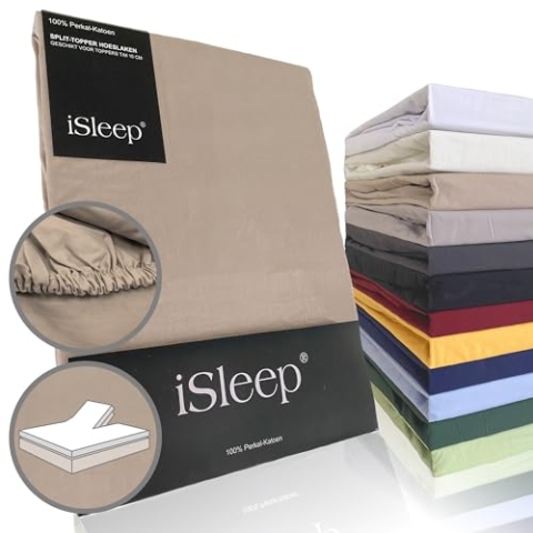 iSleep Split Topper Spannbettlaken Perkal 100% Baumwolle (Medium Beige, 180x200 cm)