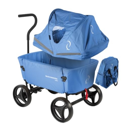 Combideal CD1: Beachwagon LITE® Hellblau, (95 x 65 x 112 cm) Stabil, Belastbarkeit 80 kg, robuste Räder. Sicherer, faltbarer & waschbarer Stoff. Zusätzlicher Stauraum und Organisation mit dem Dach &