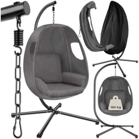 tectake® Hängesessel mit Gestell, Indoor oder Outdoor, Schaukel Sessel mit Kissen + Rückenkissen, Schaukelstuhl, Hängestuhl. Möbel für Wohnzimmer, Schlafzimmer, Balkonmöbel, bis 160kg (anthrazit)