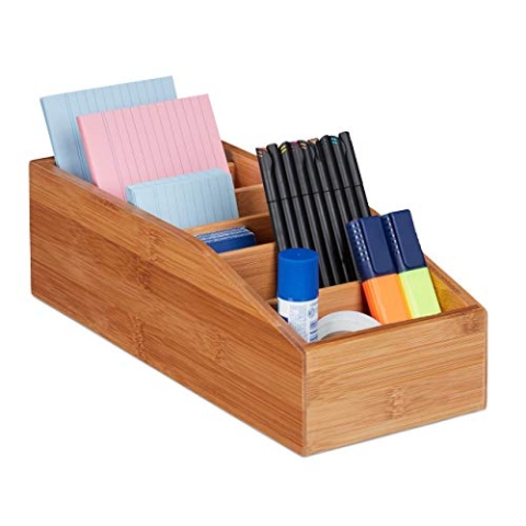 Relaxdays 4 x Aufbewahrungsbox Bambus, 6 Fächer, Universal Ordnungsbox für Büro, Bad, Küche, HxBxT: 10 x 14 x 35 cm, Natur