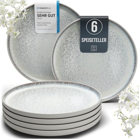 Steingut Teller groß 6 Pers. Ibiza Hochwertiges Mediterranes TEST SEHR GUT Steingut Speiseteller Set - Spülmaschinen-, Mikrowellen- und Kratzfest - Stylisches Essteller Set - Pure Living in Beige
