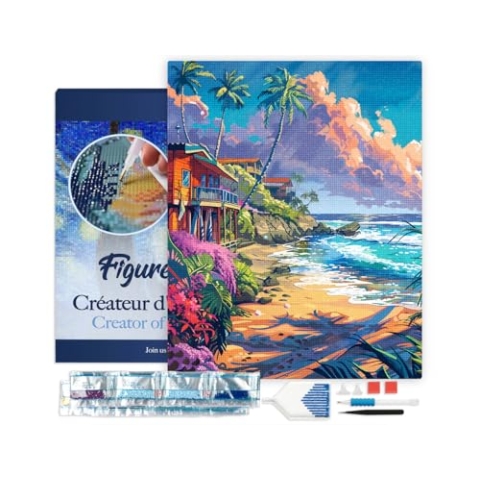 Figured'Art Diamond Painting Erwachsene 40x50cm Mit Rahmen Ganze Leinwand gespannt Strandhäuser 5D Bilder Eckige Steine - DIY Set Basteln