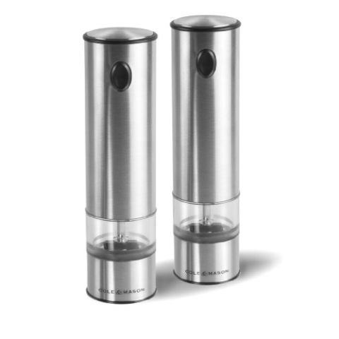 Cole & Mason Battersea Elektrische Salz und Pfeffermühle, 2er Set, Gewürzmühle mit Verstellbarem Keramikmahlwerk, Edelstahl/Acryl, 210mm, Geschenkset