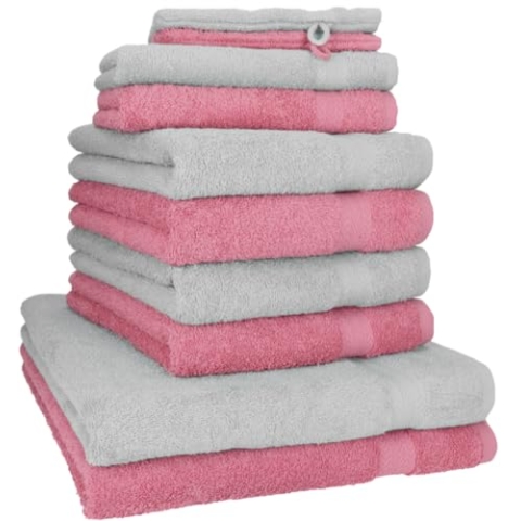 Betz 10-TLG. Handtuch-Set Premium 100% Baumwolle 2 Duschtücher 4 Handtücher 2 Gästetücher 2 Waschhandschuhe Farbe Silber & Altrosa
