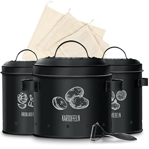 KitchenQuality Kartoffelaufbewahrungsbox | 3er-Set Vorratsbehälter für Knoblauch, Zwiebeln & Kartoffeln | Inkl. Sparschäler & Jutebeutel | Luftdicht & langlebig aus verzinktem Metall