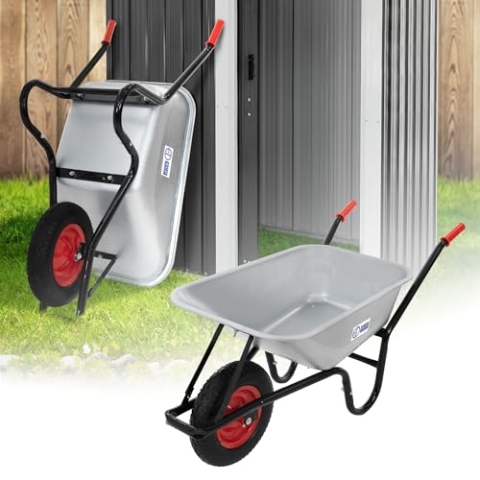 ECD Germany Schubkarre, 100L verzinkter Stahl Mulde - Silber, 250kg Tragkraft, Luftreifen mit Metallfelge, Gartenschubkarre Schiebkarre Garten Karre Bauschubkarre Scheibtruhe Transportkarre für Garten