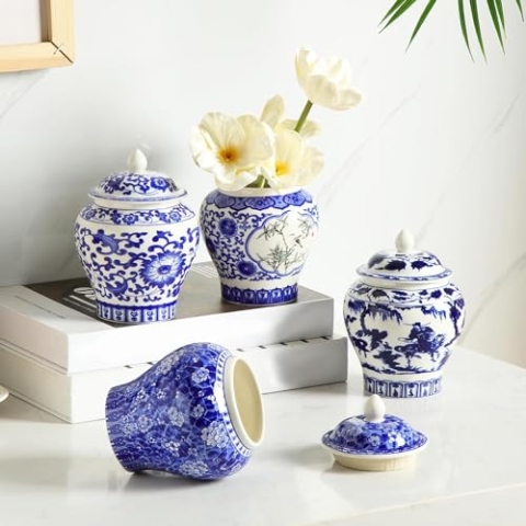 Vinbcorw Set mit 4 kleinen blauen und weißen Vasen, Porzellanvasen, traditionelle, handgeschnitzte Keramikvase für frische Blumen, getrocknete Pflanzen, Arrangement, dekorative Vase,B