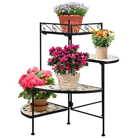 Outsunny Blumenständer 4-Stufe-Blumentreppe faltbar dekorative für Innen und Außen Garten Balkon Metall Keramikfliesen Schwarz+Beige 64 x 64 x 72 cm