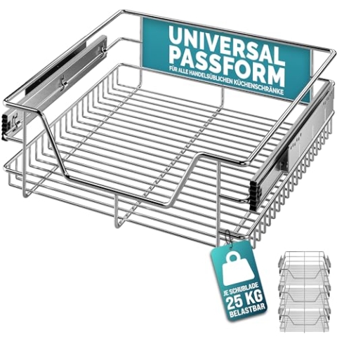 Casaria® 3x Teleskopschublade Nachrüsten Schublade Küche 50cm 25kg Belastbar Verchromt Korbauszug mit Zubehör Haushalt Küchenschrank Kleiderschrank