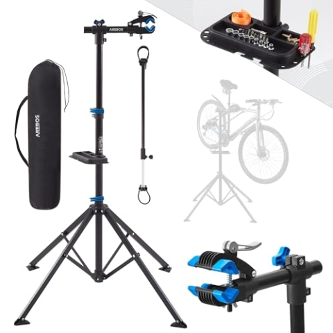 Arebos Fahrrad-Montageständer mit Tasche, 360° drehbar, für Mountainbike, E-Bike und Citybike, mit Schnellspannvorrichtung, Profi-Reparaturständer Schwarz/Blau