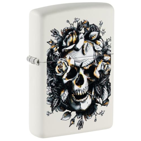 Zippo Weiß Klassisches Metall Feuerzeug mit Garantie, Skelett und Blumen Design, Benzin betrieben
