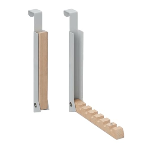 Relaxdays 5 x Klapphaken, zum Einhängen, Türgarderobe für je 6 Kleiderbügel, Metall und Holz, Haken für 2 cm Türfalz, grau
