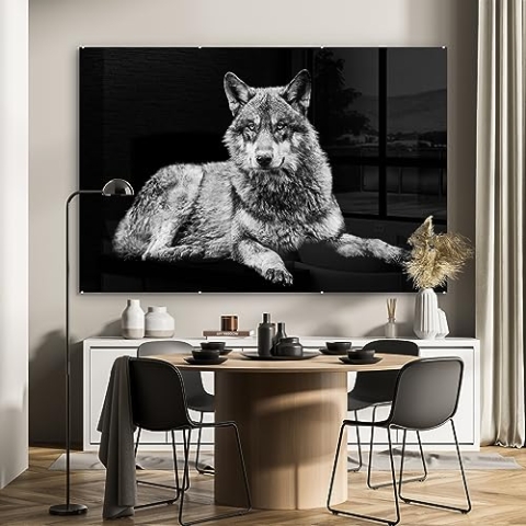MuchoWow Glasbild Glasfoto Wandbild Bilder Deko 150x100 cm Wildlife - Wolf - Schwarz - Weiß